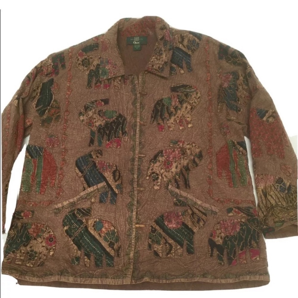 Orvis Womens Medium Jacket Brown Elephant Patchwork Toggle Buttons Artsy Cotton